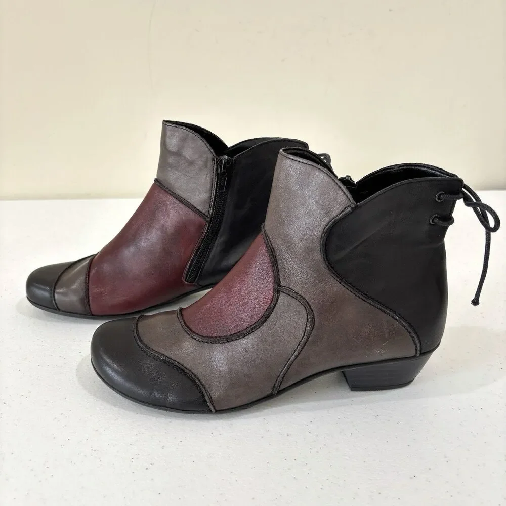 Remonte Dondorf Women Leather Ankle Boots Booties Red Patchwork Zip/Lace Up 39
